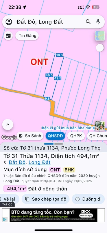 Bán đất nền 494m² sát KCN Đất Đỏ, giá 1,5 tỷ