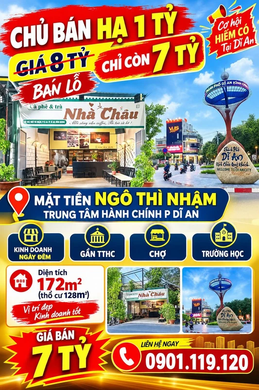 Bán đất mặt tiền Ngô Thì Nhậm 172m2, giá 7 tỷ, Phường Dĩ An, Bình Dương