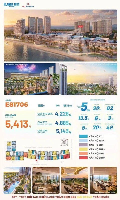 Bán căn 1PN+ view SunWorld, Blanca City, 55.8m²