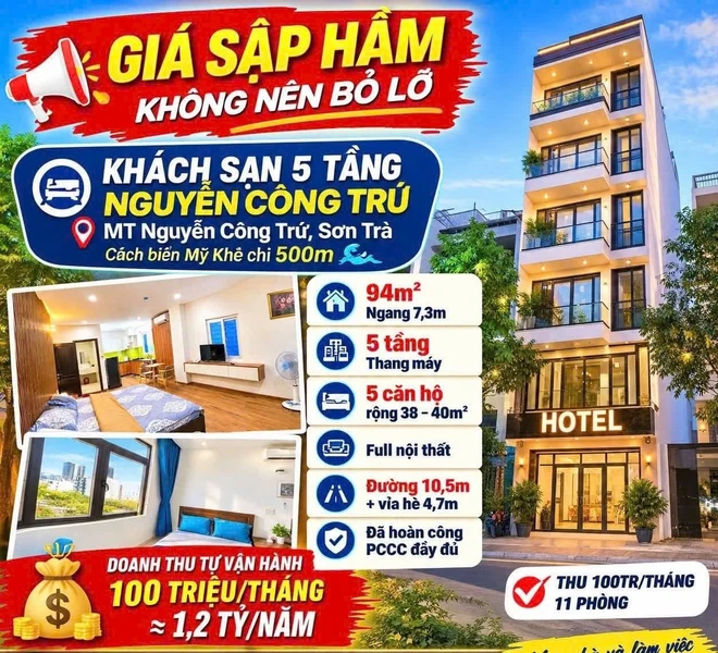 Bán khách sạn 5 tầng 94m² mặt tiền Nguyễn Công Trứ Sơn Trà 16,8 tỷ