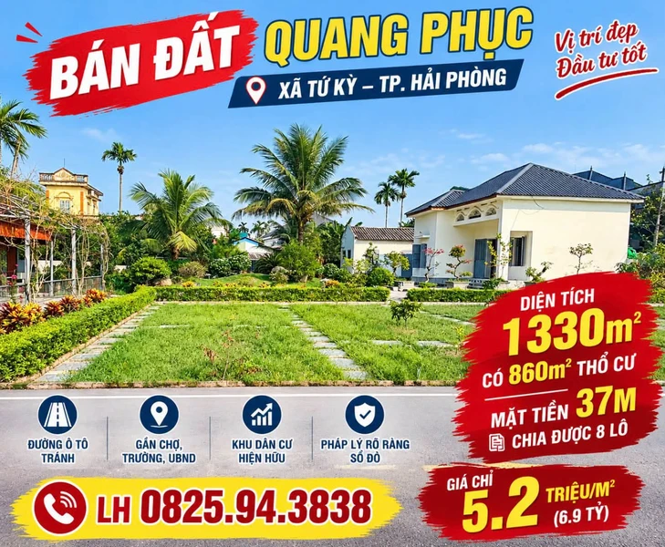 Bán đất Quang Phục 1.330m² mặt tiền 37m, Hải Phòng