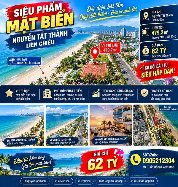 Bán đất mặt biển Nguyễn Tất Thành 479,2m² ngang 24m, Liên Chiểu, Đà Nẵng - 62 tỷ