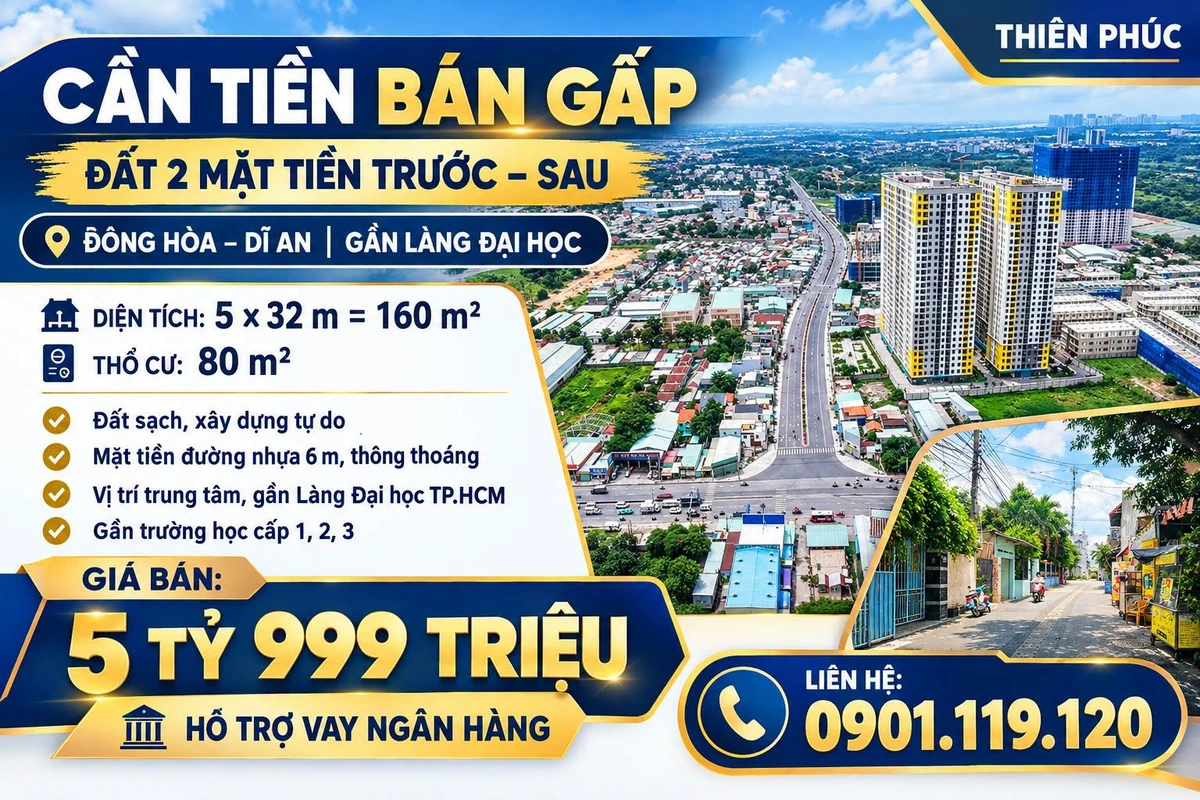 Bán đất hai mặt tiền 160m2 Đông Hòa, Dĩ An gần Làng Đại học, giá 5,999 tỷ - Ảnh 1