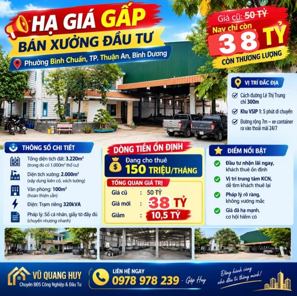 Bán xưởng 3.220m² đang cho thuê 150 triệu/tháng tại Bình Chuẩn, Thuận An, Bình Dương