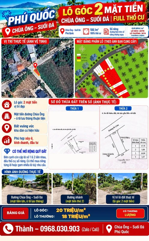 Bán lô góc 2 mặt tiền 100m² thổ cư Phú Quốc