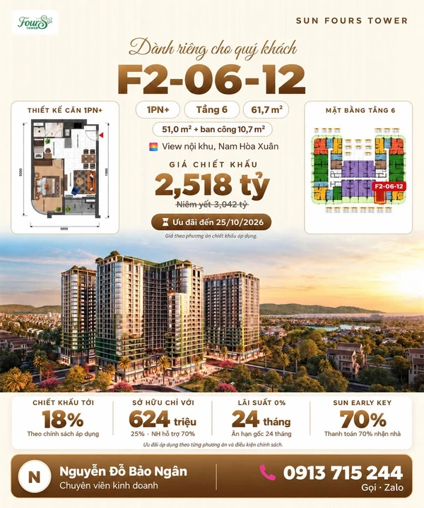Bán căn 1PN+ 61,7m² Đà Nẵng, giá 2,518 tỷ