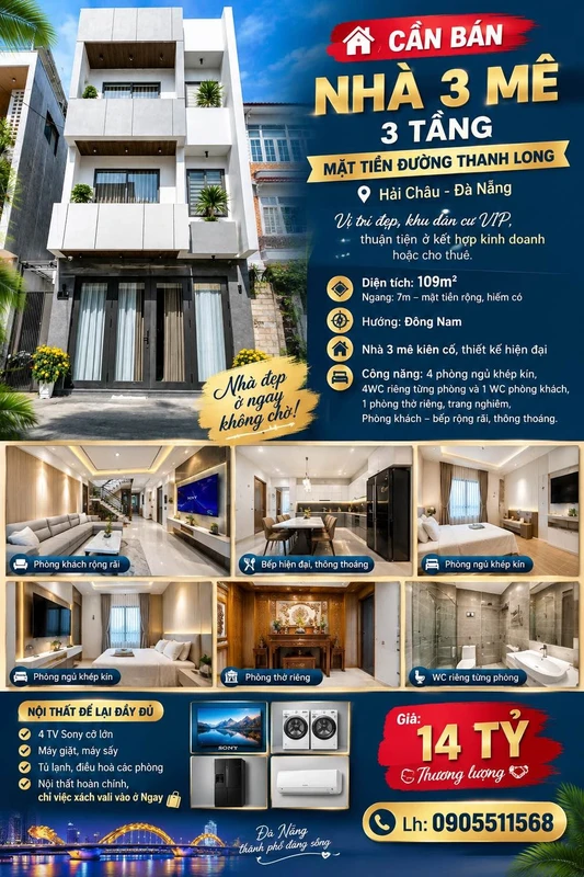 Bán nhà 3 mê 3 tầng 109m² mặt tiền đường Thanh Long, Đà Nẵng