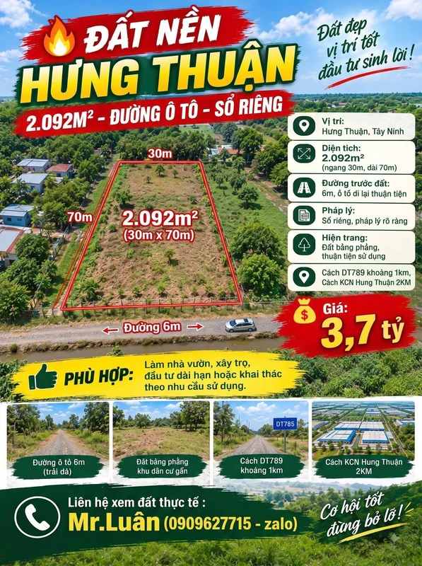 Bán đất nền Hưng Thuận 2.030m² Tây Ninh