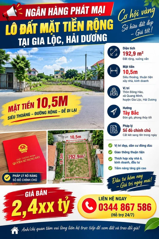 Bán đất mặt tiền 10,5m tại Gia Lộc, Hải Dương, 192,9m² - 2,4 tỷ