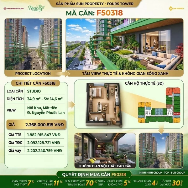 Căn studio 34,9m² + sân vườn Four S Tower Đà Nẵng giá 1,883 tỷ