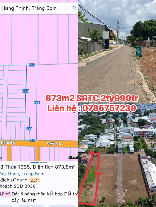 Bán 873m² đất vườn có 100m² thổ cư tại Hưng Thịnh, Đồng Nai, giá 2,99 tỷ