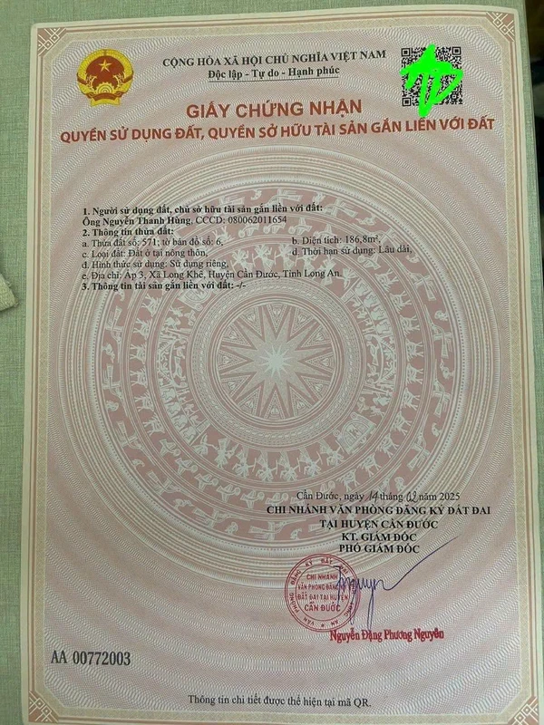 Bán đất 186m² xã Long Khê, Cần Đước, Long An