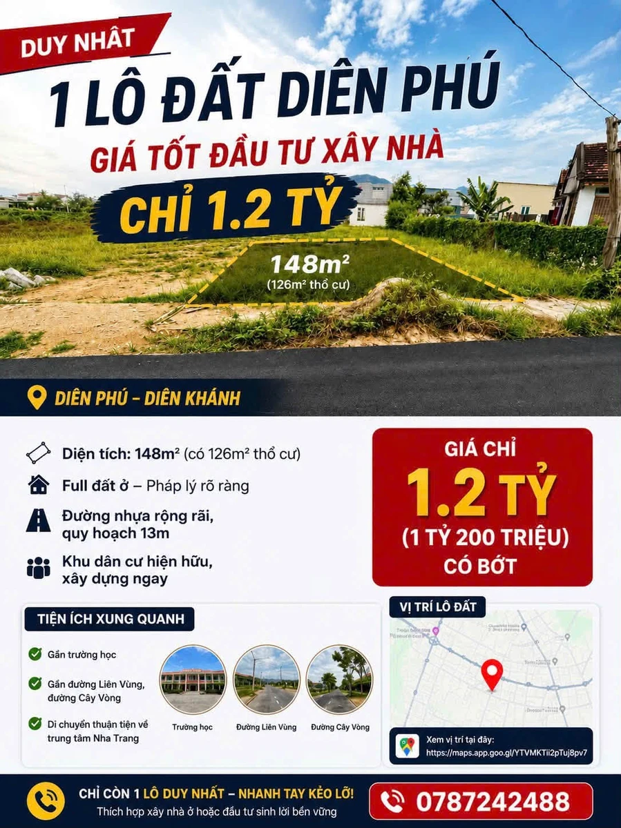 Bán đất nền 148m² Diên Phú giá 1,2 tỷ - Ảnh 1
