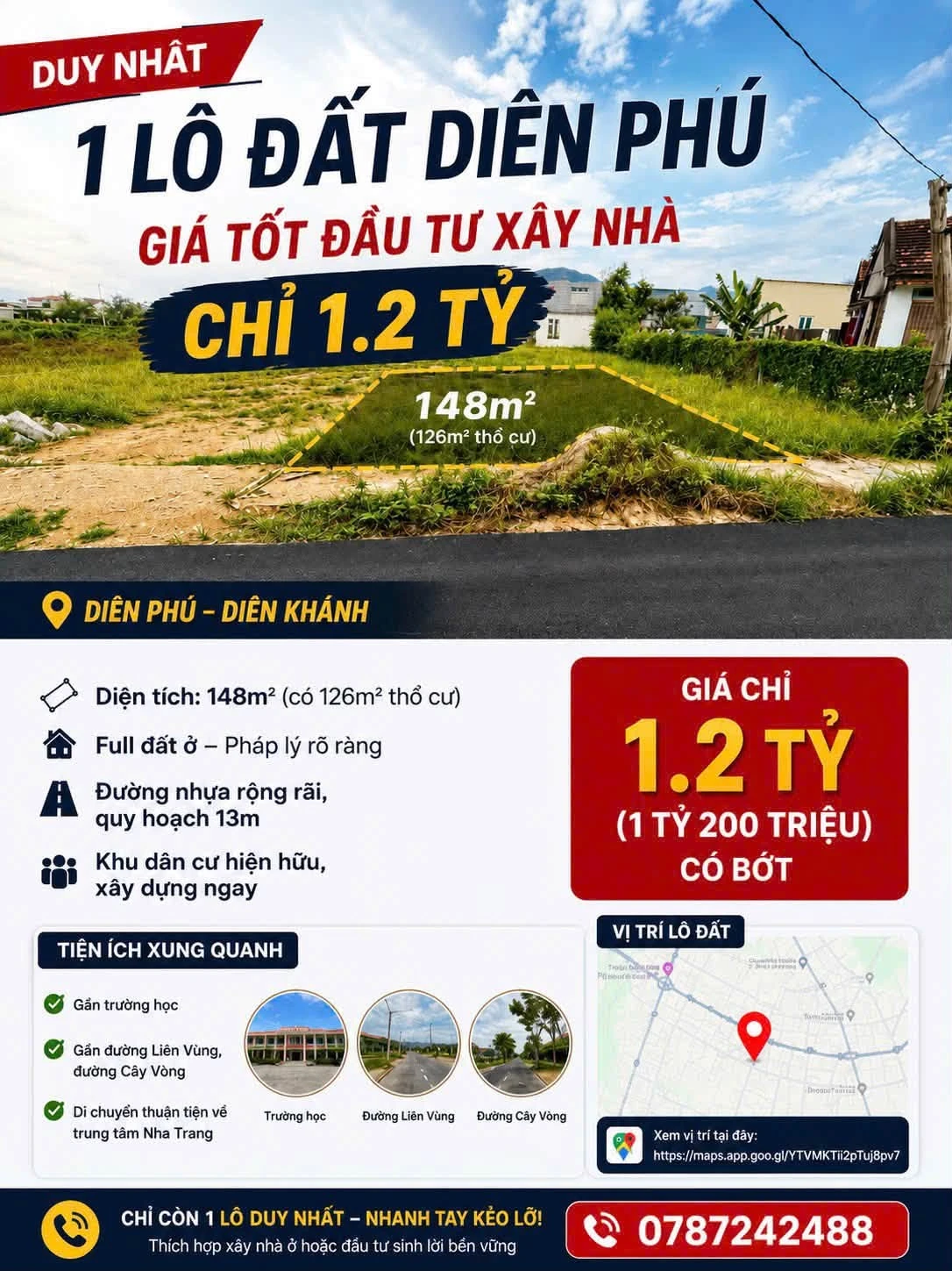 Bán đất nền 148m² Diên Phú giá 1,2 tỷ - Ảnh 1