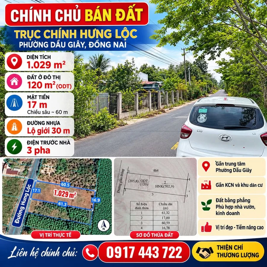 Bán đất Hưng Lộc Dầu Giây 1.029 m² giá 3,2 tỷ - Ảnh 1