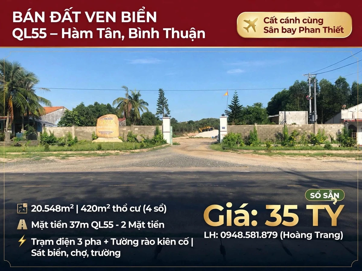 Bán đất ven biển QL55 Hàm Tân 20.548m² Bình Thuận - Ảnh 1