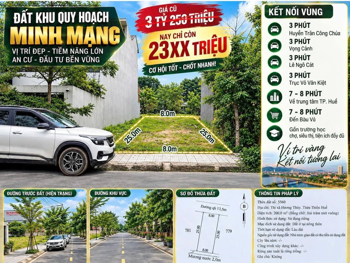 Bán lô đất 200m² (8x25m) KQH Minh Mạng, Phường Thủy Xuân, TP Huế - Ảnh 1
