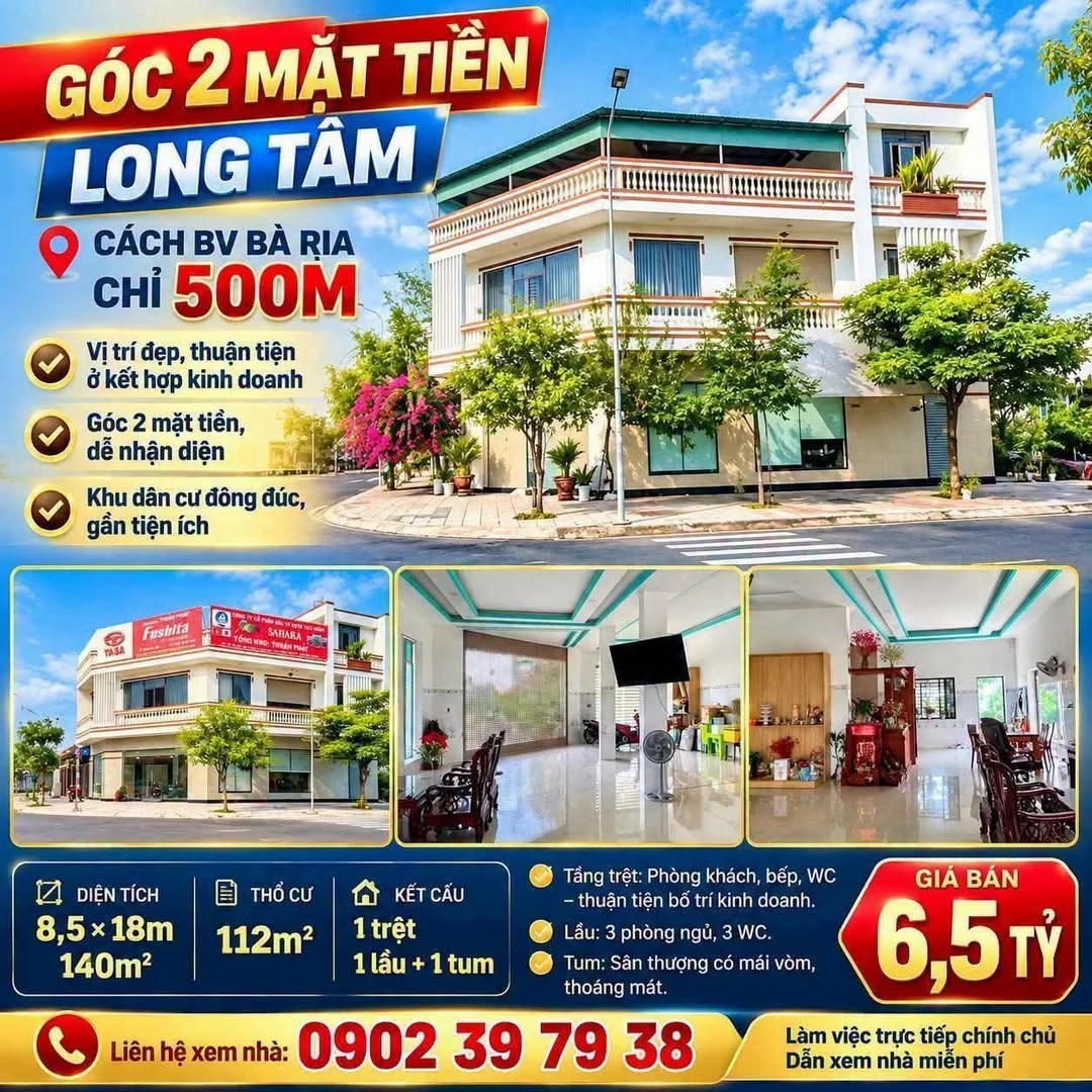Nhà bán góc 2 mặt tiền 140m² Long Tâm, Bà Rịa - Ảnh 1