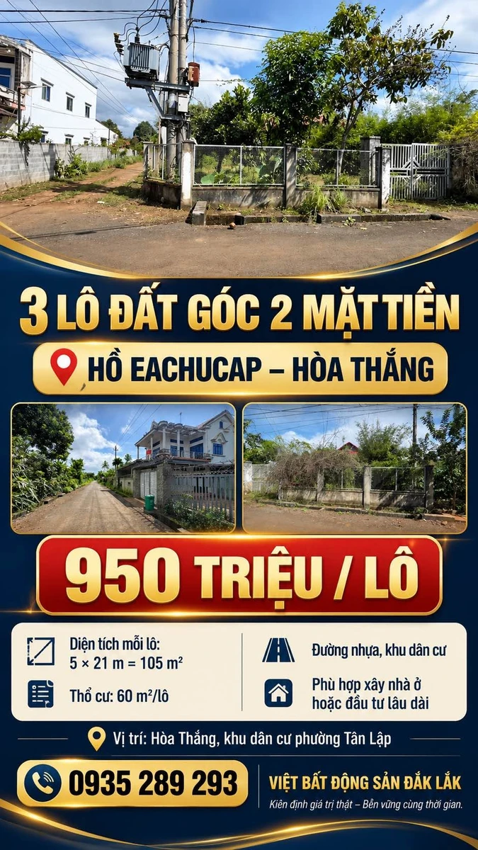 Bán 3 lô đất góc 2 mặt tiền 105m² Tân Lập 950 triệu - Ảnh 1
