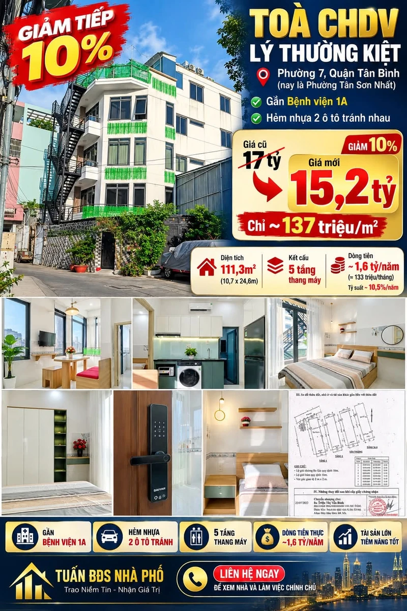 Bán căn hộ dịch vụ 5 tầng thang máy 111,3m² Lý Thường Kiệt, Tân Bình, giá 15,2 tỷ - Ảnh 1
