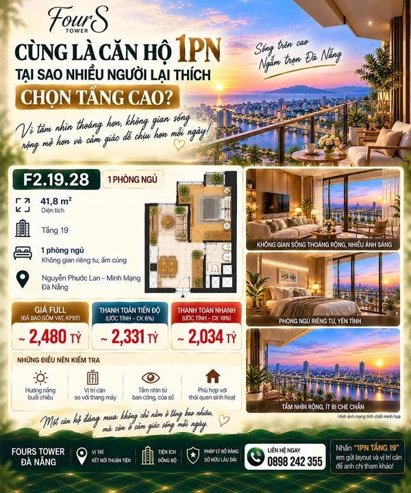 Bán căn hộ 1PN 55,8m² tại FourS Tower Đà Nẵng 3,195 tỷ