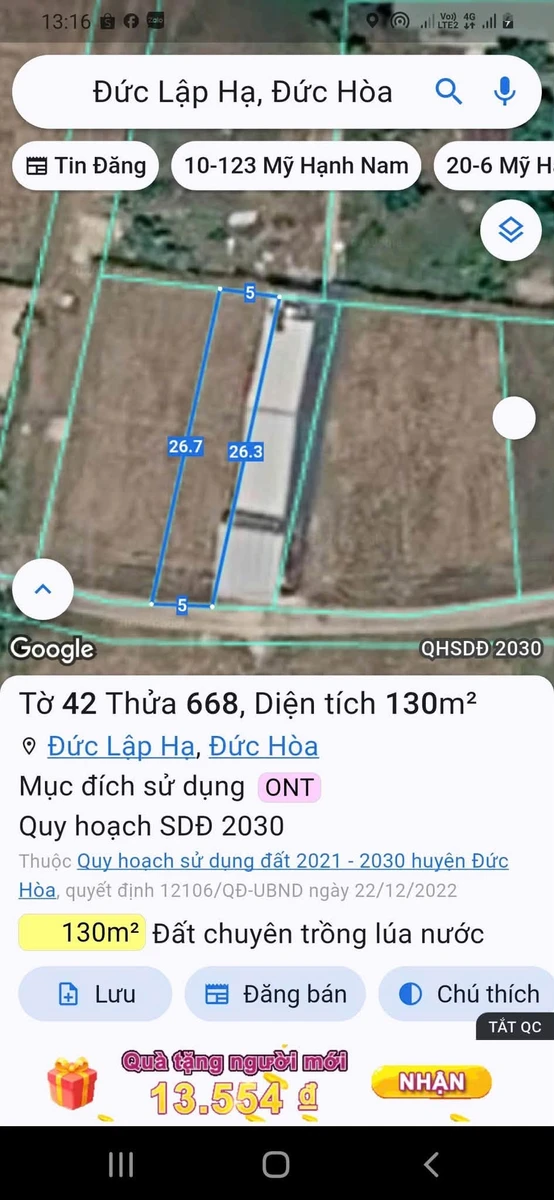 Bán đất 130m2 Đức Lập Hạ Long An 1 tỷ 250 triệu - Ảnh 1