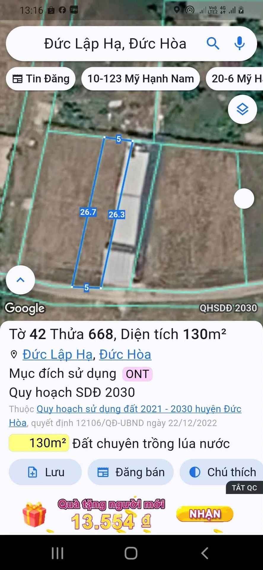 Bán đất 130m2 Đức Lập Hạ Long An 1 tỷ 250 triệu - Ảnh 1