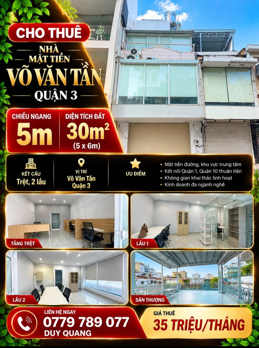 Cho thuê nhà mặt tiền Võ Văn Tần, Quận 3, 30m², 35 triệu/tháng - Ảnh 1