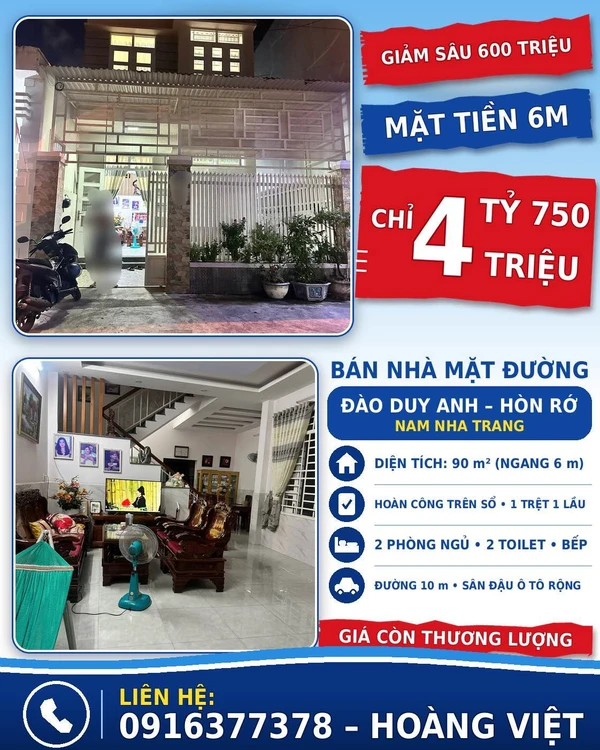 Bán nhà 2 tầng mặt tiền Đào Duy Anh Nha Trang 90m2 4.75 tỷ