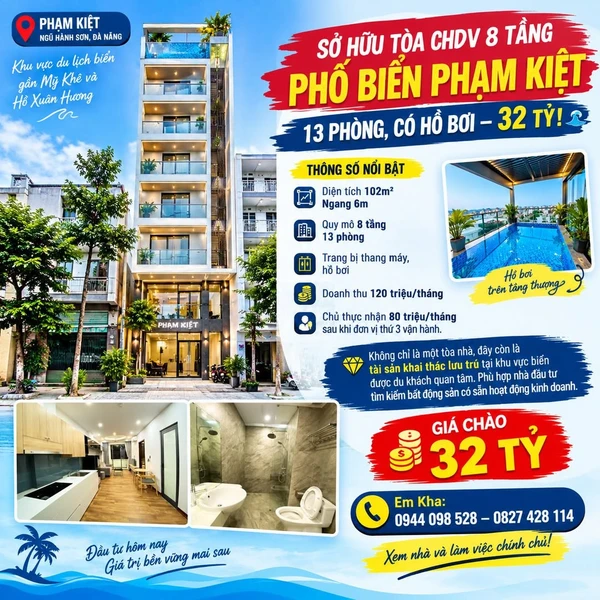 Bán tòa chủ đầu tư 8 tầng 13 phòng, hồ bơi, phố biển Đà Nẵng, 32 tỷ