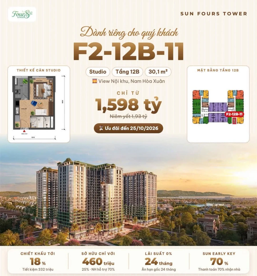Bán căn hộ studio 43,4m² ban công 13m² ở Đà Nẵng 2,136 tỷ - Ảnh 1