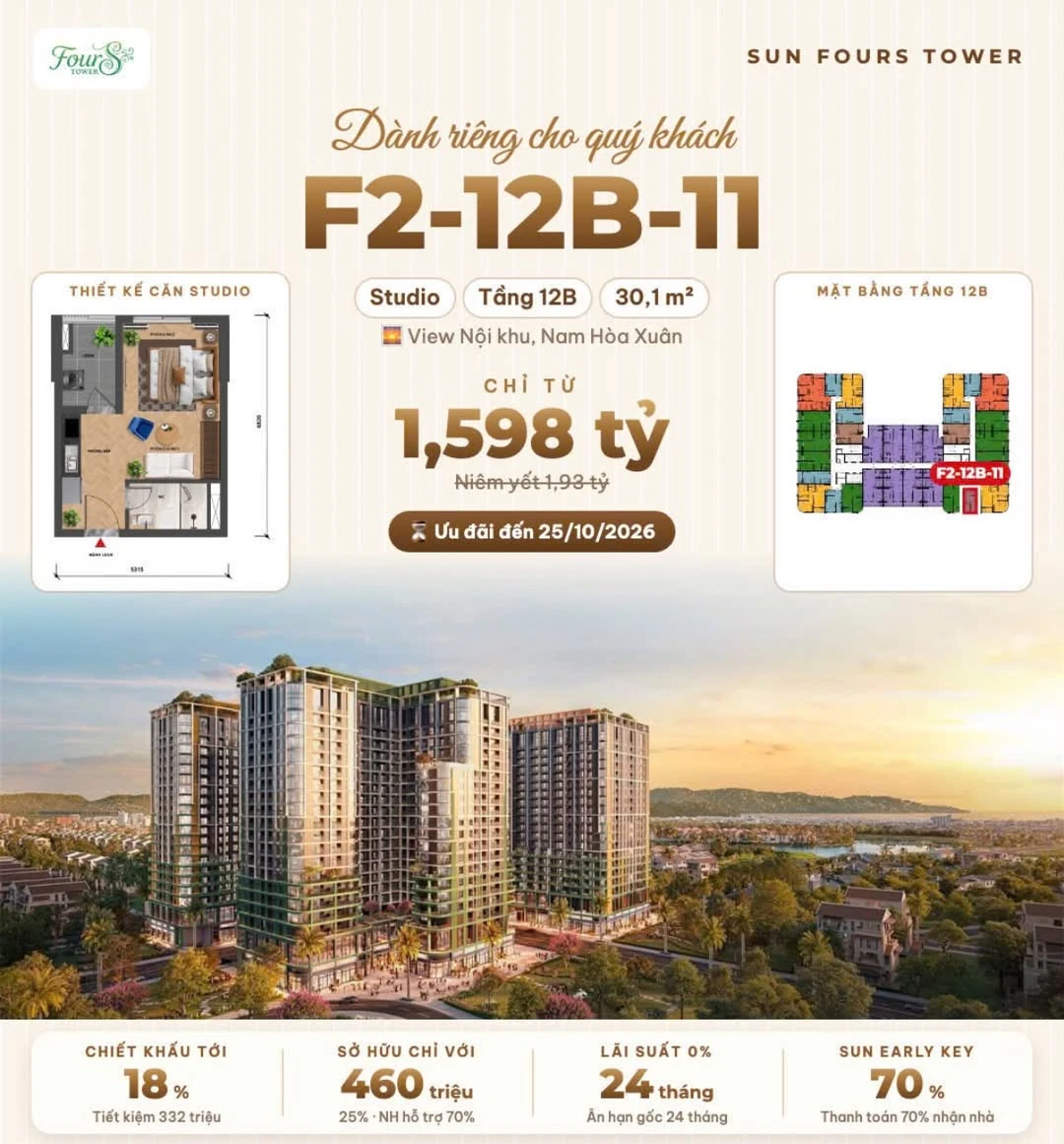 Bán căn hộ studio 43,4m² ban công 13m² ở Đà Nẵng 2,136 tỷ - Ảnh 1