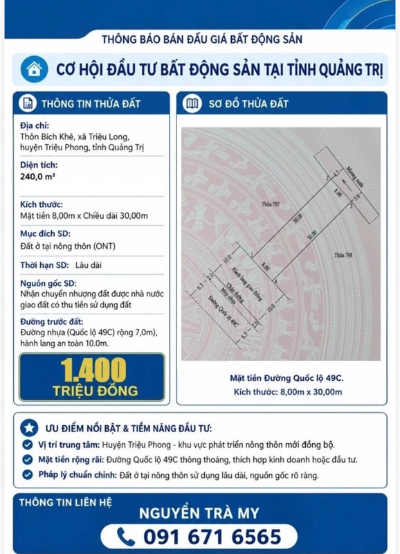 Bán đất mặt tiền Quốc Lộ 49C Triệu Phong 240m² 1,4 tỷ