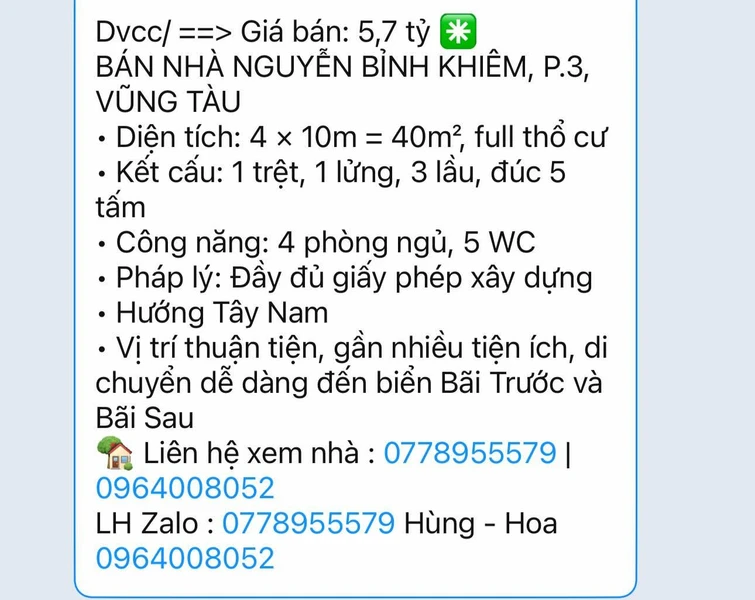 Bán nhà Nguyễn Bỉnh Khiêm Vũng Tàu 40m² 5,7 tỷ