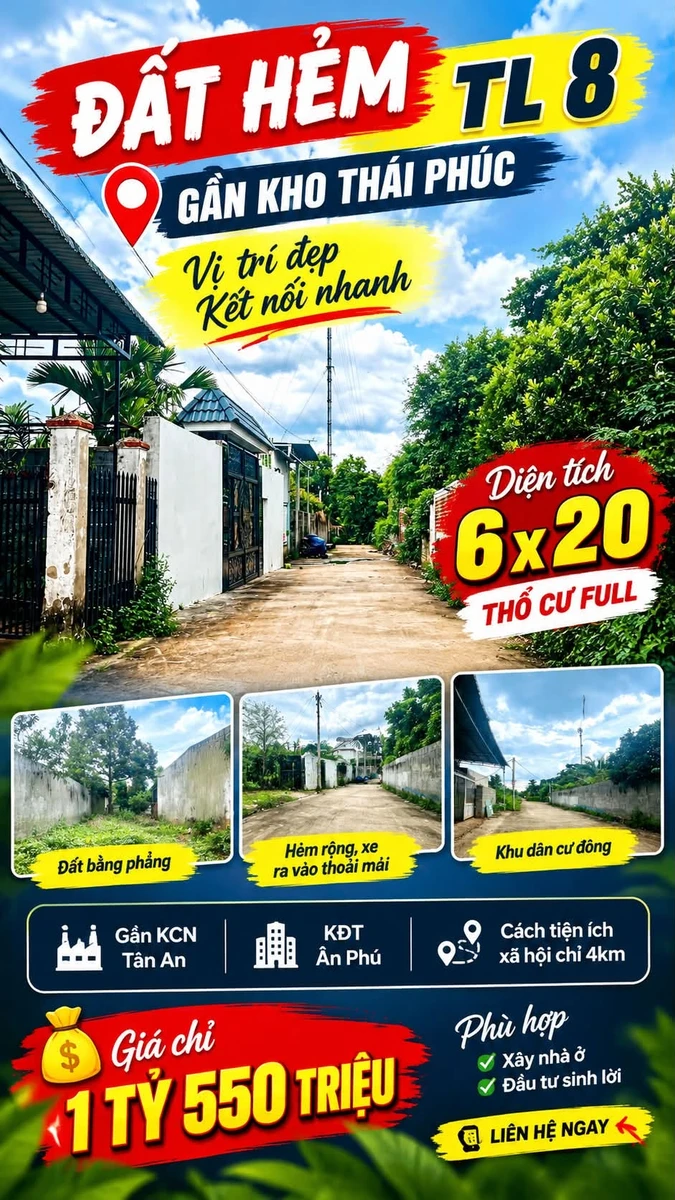 Bán đất hẻm Tỉnh lộ 8 gần kho Thái Phúc, 6x20m, thổ cư, giá 1,55 tỷ - Ảnh 1