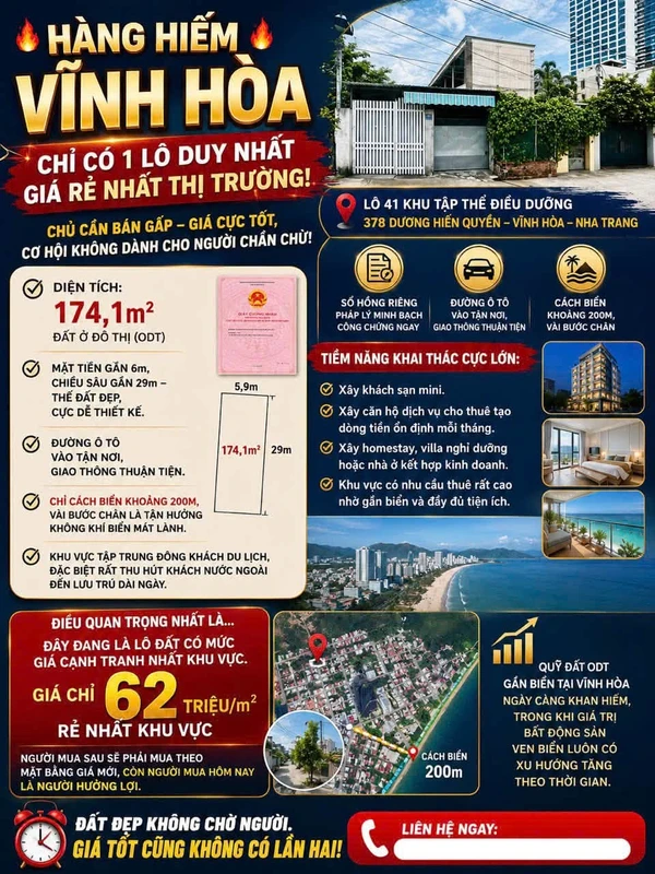 Bán lô đất gần biển Nha Trang 174.1m² 62 tr/m2