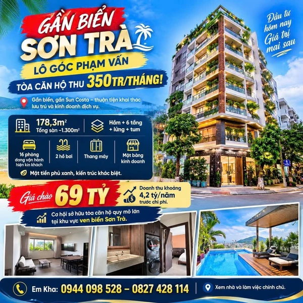 Bán tòa căn hộ 178m² Sơn Trà giá 69 tỷ, doanh thu 4,2 tỷ/năm