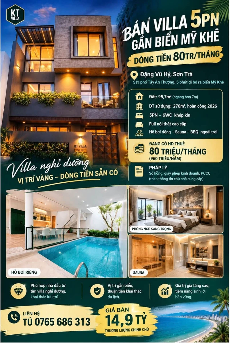 Bán villa 5PN gần biển Mỹ Khê Đà Nẵng, 270m², 14,9 tỷ - Ảnh 1
