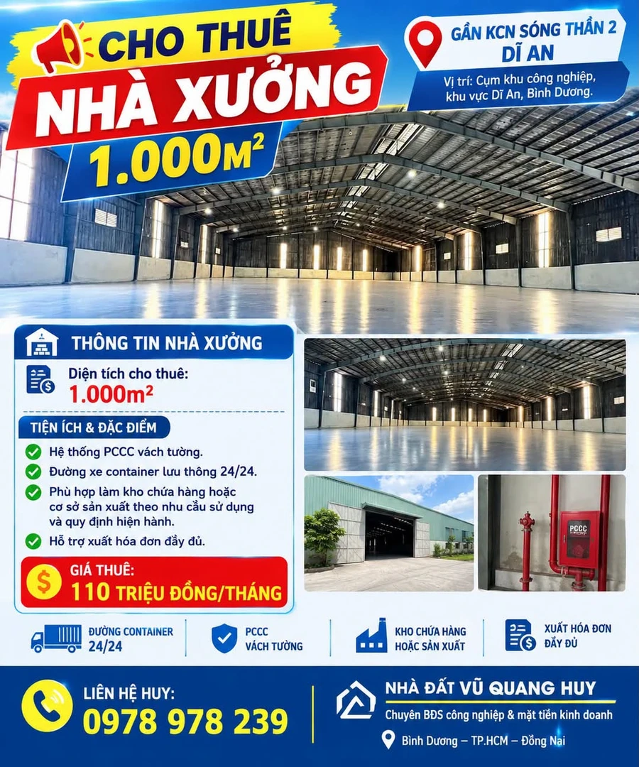 Cho thuê nhà xưởng 1.000m² gần KCN Sóng Thần 2, Dĩ An - Ảnh 1