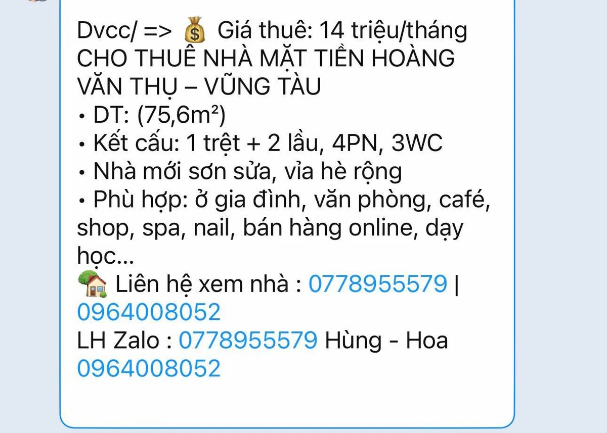 Cho thuê nhà mặt tiền 75,6m² 4PN 3WC Hoàng Văn Thụ Vũng Tàu - Ảnh 1