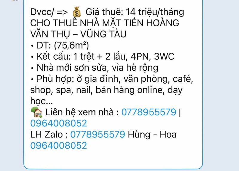 Cho thuê nhà mặt tiền 75,6m² 4PN 3WC Hoàng Văn Thụ Vũng Tàu
