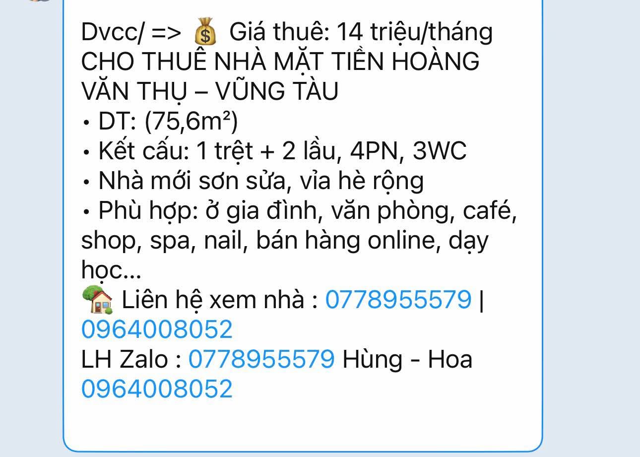 Cho thuê nhà mặt tiền 75,6m² 4PN 3WC Hoàng Văn Thụ Vũng Tàu