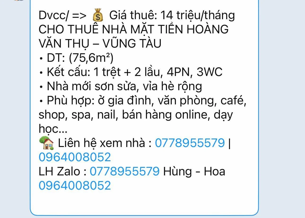 Cho thuê nhà mặt tiền 75,6m² 4PN 3WC Hoàng Văn Thụ Vũng Tàu - Ảnh 1