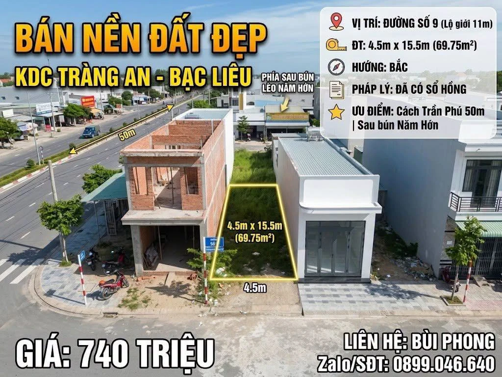 Bán nền đất 69,75m² đường Số 9 KDC Tràng An Bạc Liêu - Ảnh 1