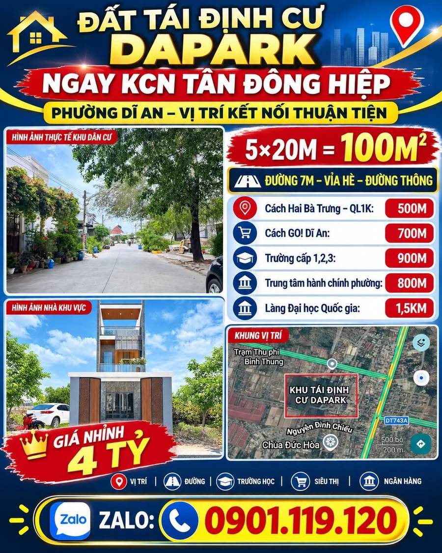 Bán đất tái định cư Đapark 5x20m (100m2) gần KCN Tân Đông Hiệp, Dĩ An, Bình Dương - Ảnh 1