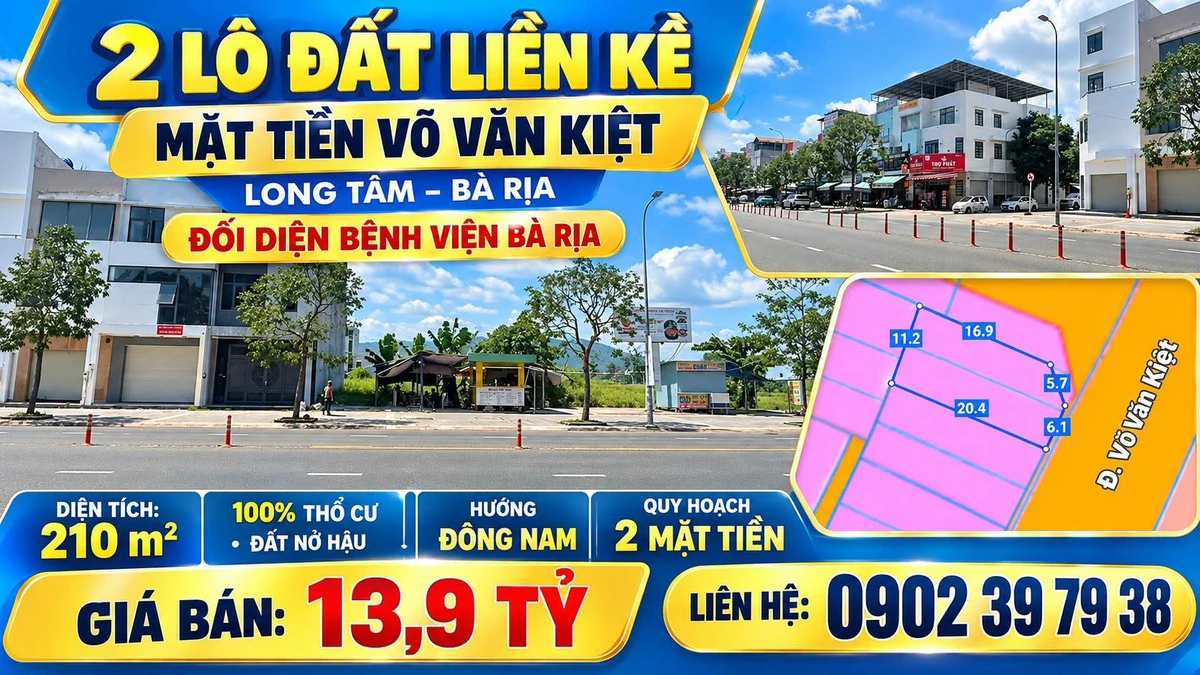 Bán 2 lô đất liền kề mặt tiền Võ Văn Kiệt Long Tâm 210 m² - Ảnh 1