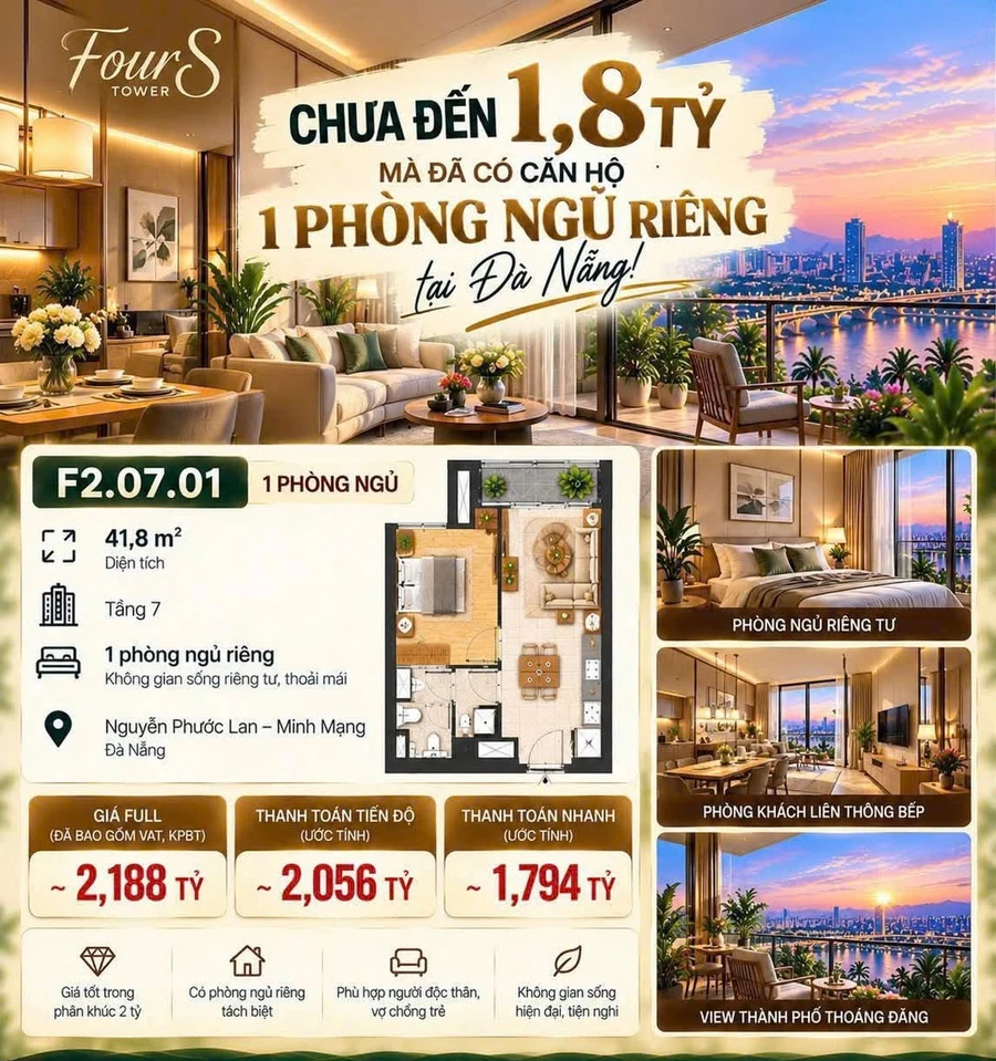 Bán căn hộ 1PN 41,8m² tại FourS Tower Đà Nẵng từ 1,79 tỷ - Ảnh 1