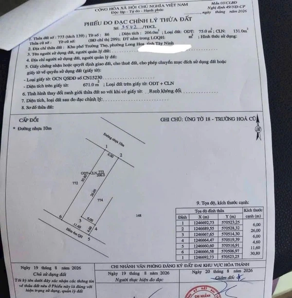 Bán nhà mặt tiền 200m2 (75m2 thổ cư) Tây Ninh