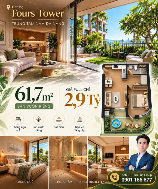 Bán căn hộ 1 PN 61,7m² có sân vườn tại Fours Tower Đà Nẵng 2,9 tỷ