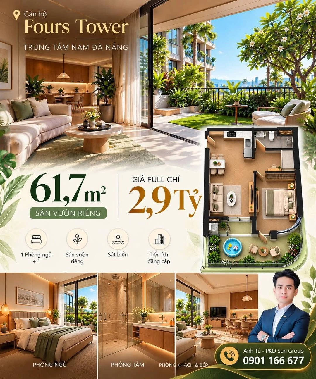 Bán căn hộ 1 PN 61,7m² có sân vườn tại Fours Tower Đà Nẵng 2,9 tỷ - Ảnh 1